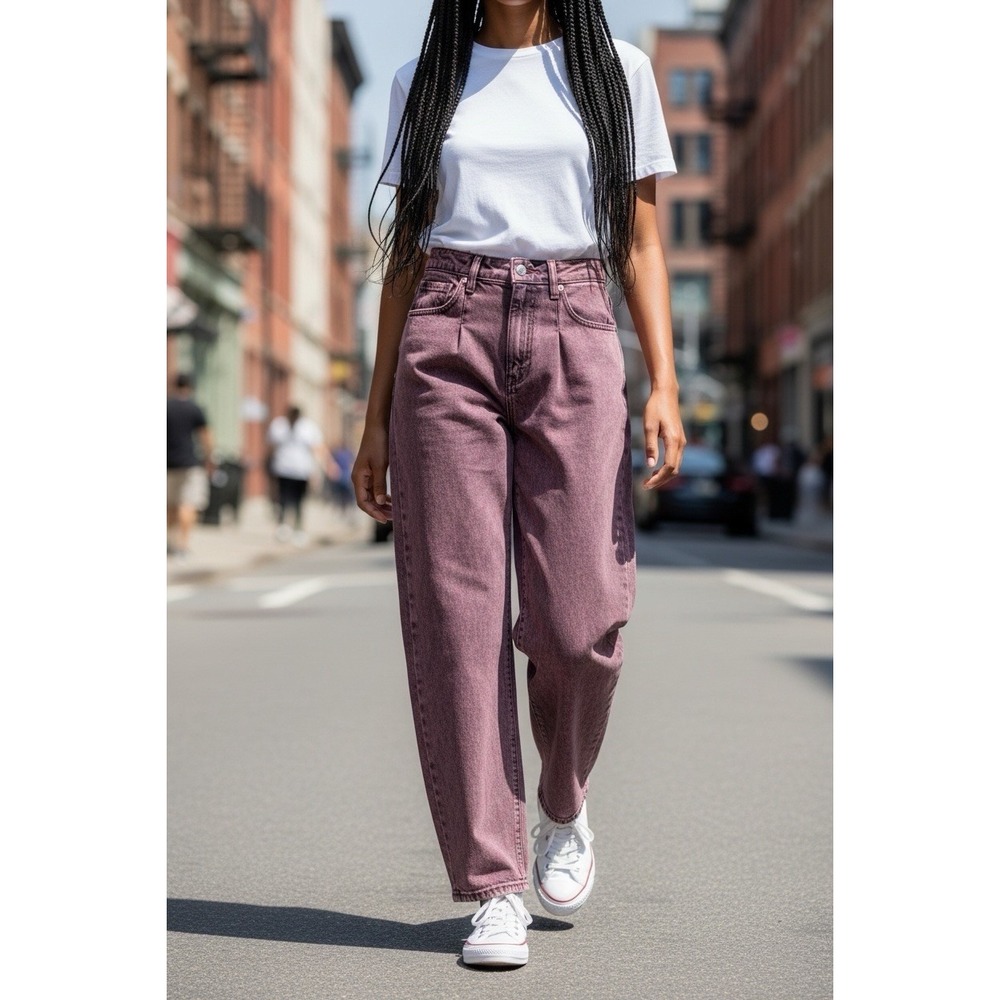 Pilcro Anthropologie Size 29 Plum Acid Washed Pleated High Waist Barrel Leg Jean